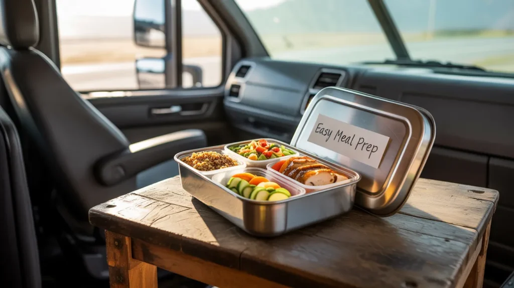 Healthy meal prep in a lunchbox on a table inside a truck, ideal for truck drivers planning nutritious meals on the road.