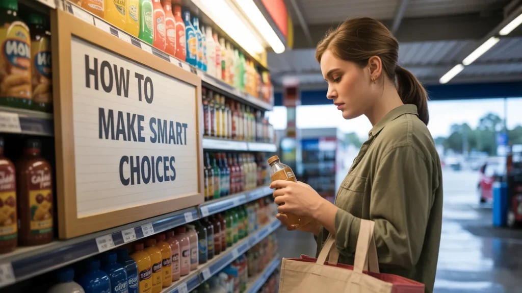 Woman reading a beverage label at a gas station store, making healthy choices while shopping, with a sign saying 'How to Make Smart Choices