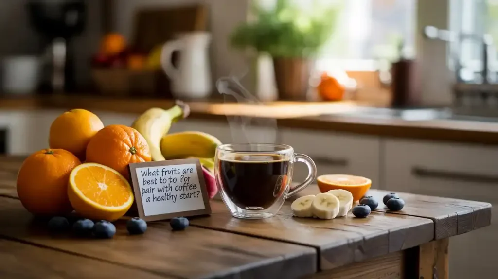 Fresh fruits like oranges, bananas, and blueberries with hot coffee in glass cup on wooden table, with healthy breakfast setup.