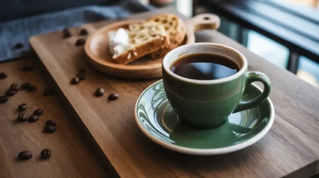 Hot black coffee in green cup with biscotti on wooden tray, surrounded by coffee beans, near window in cozy café setting.